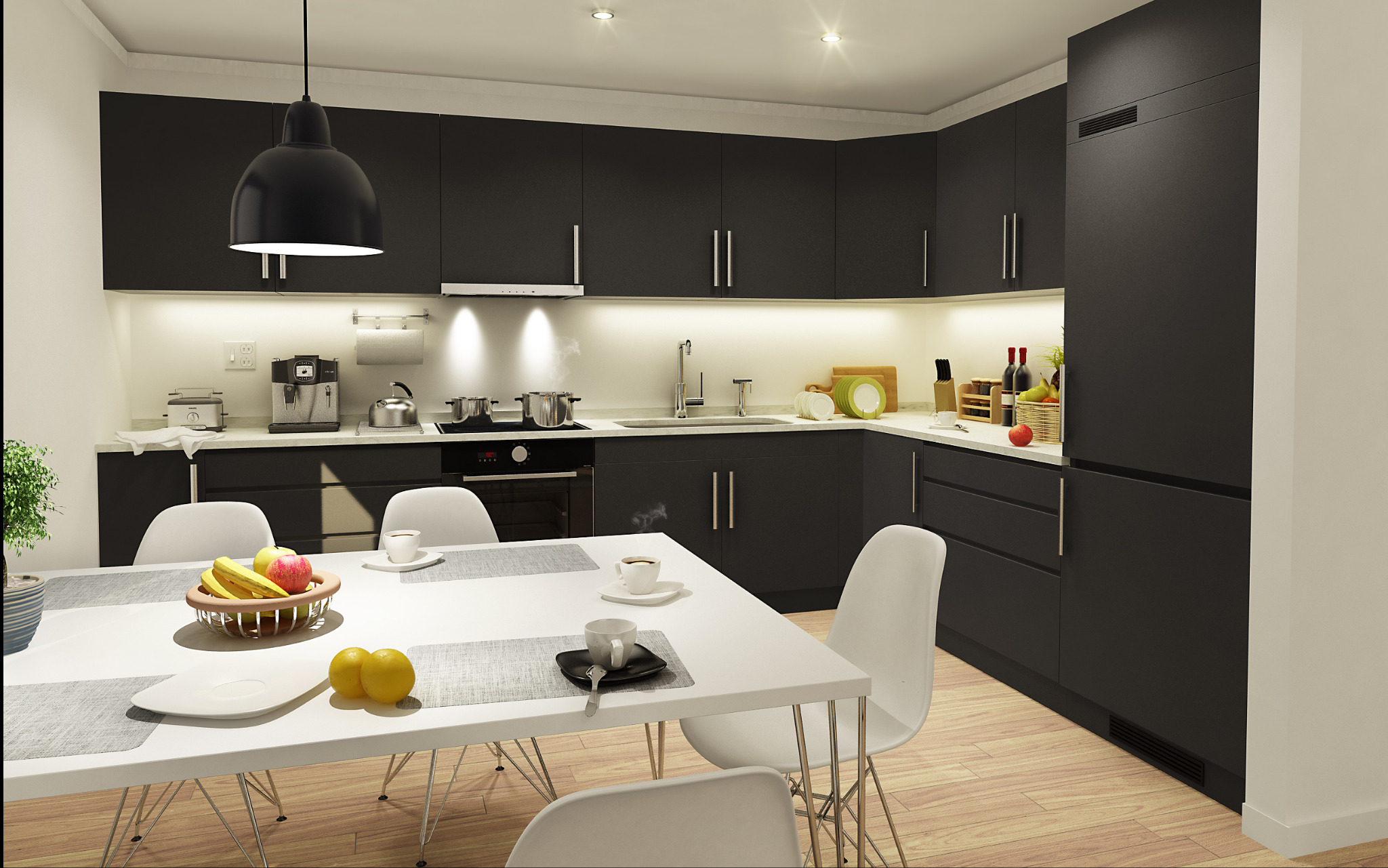 Nowoczesna kuchnia z czarnymi szafkami, białym stołem i krzesłami. Na stole owoce i filiżanki. Oświetlenie LED pod szafkami. Minimalistyczny design.