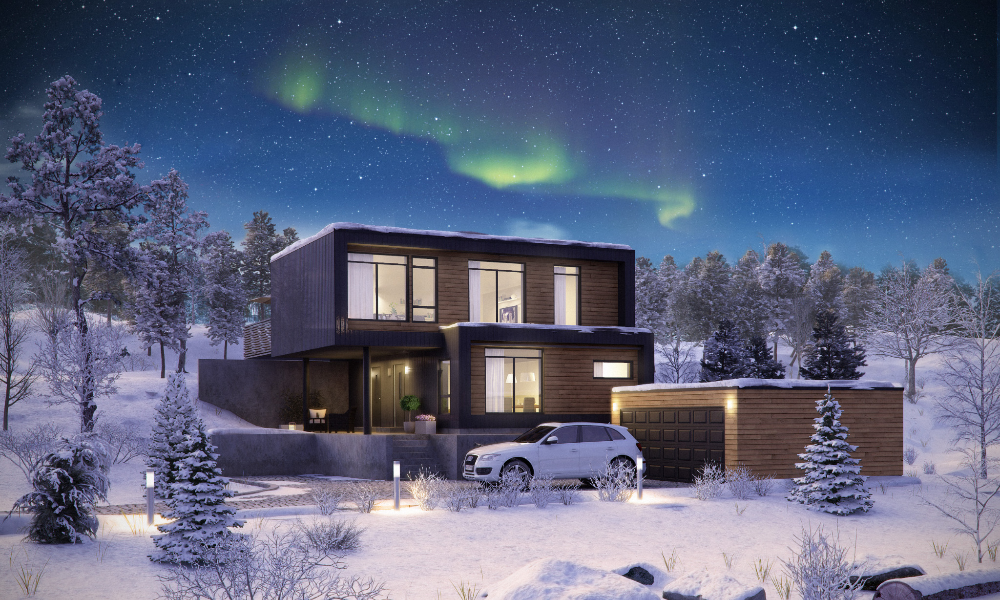 Nowoczesny dom z garażem w zimowym krajobrazie, oświetlony, z widoczną zorzą polarną na nocnym niebie. Biały SUV zaparkowany przed budynkiem.