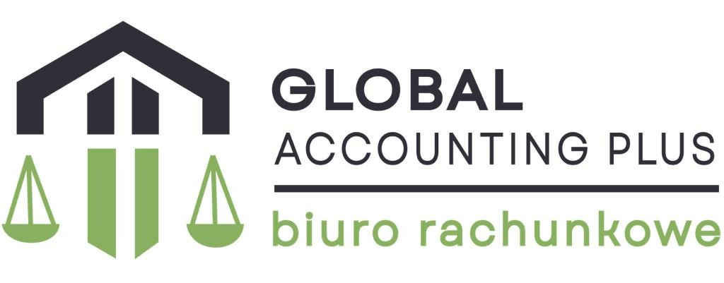 Logo firmy księgowej Global Accounting Plus z symbolem domu i wag w kolorach ciemnoszarym i zielonym oraz napisem 'biuro rachunkowe'.