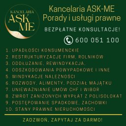 Kancelaria prawna. Zapytaj za darmo! Znajdziemy rozwiązanie. Restrukturyzacja firmy, oddłużanie firm i rolników. Upadłość konsumencka, oddłużanie. Rozwód, alimenty, podział majątku. Spadek, zachowek, testament. Odszkodowania powypadkowe.