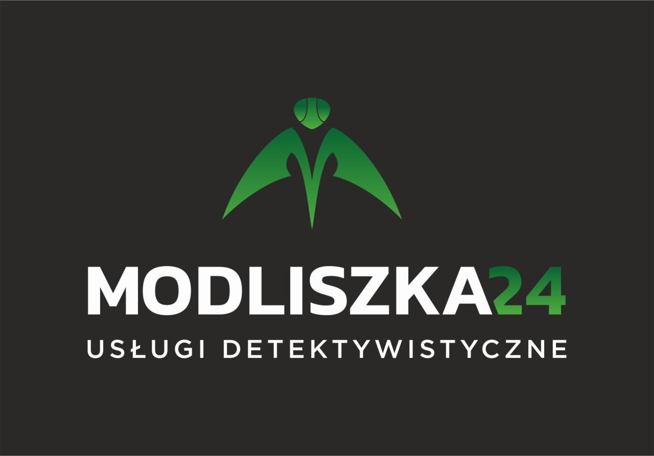 Logo firmy detektywistycznej MODLISZKA24 z Krakowa. Zielony symbol owada i napis 'Usługi detektywistyczne'.