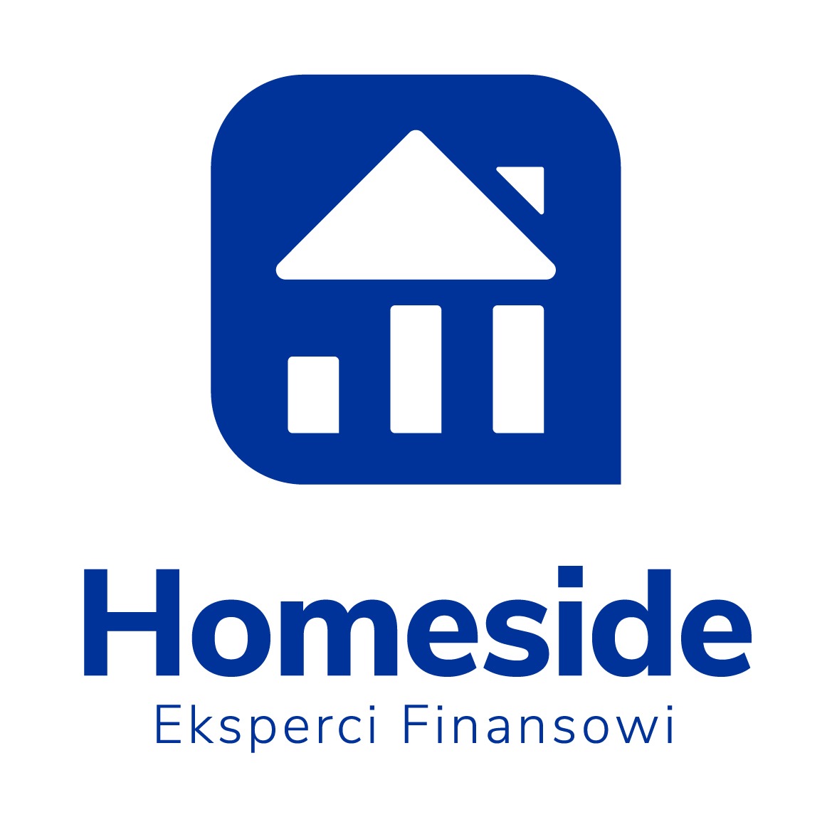 Niebieskie logo firmy Homeside Eksperci Finansowi z symbolem domu i słupkami wykresu.