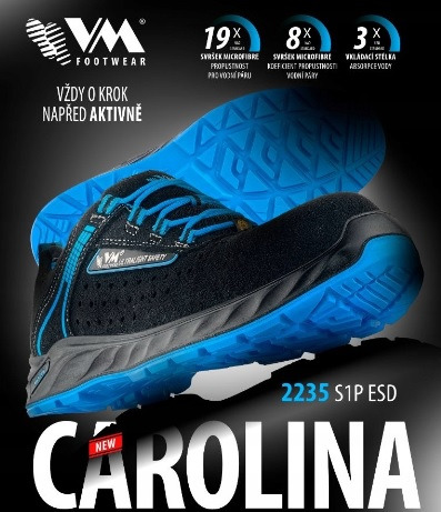 But roboczy marki VM Footwear, model Carolina 2235 S1P ESD, z czarną cholewką i niebieską podeszwą, prezentowany na czarnym tle z informacjami o właściwościach mikrofibry.
