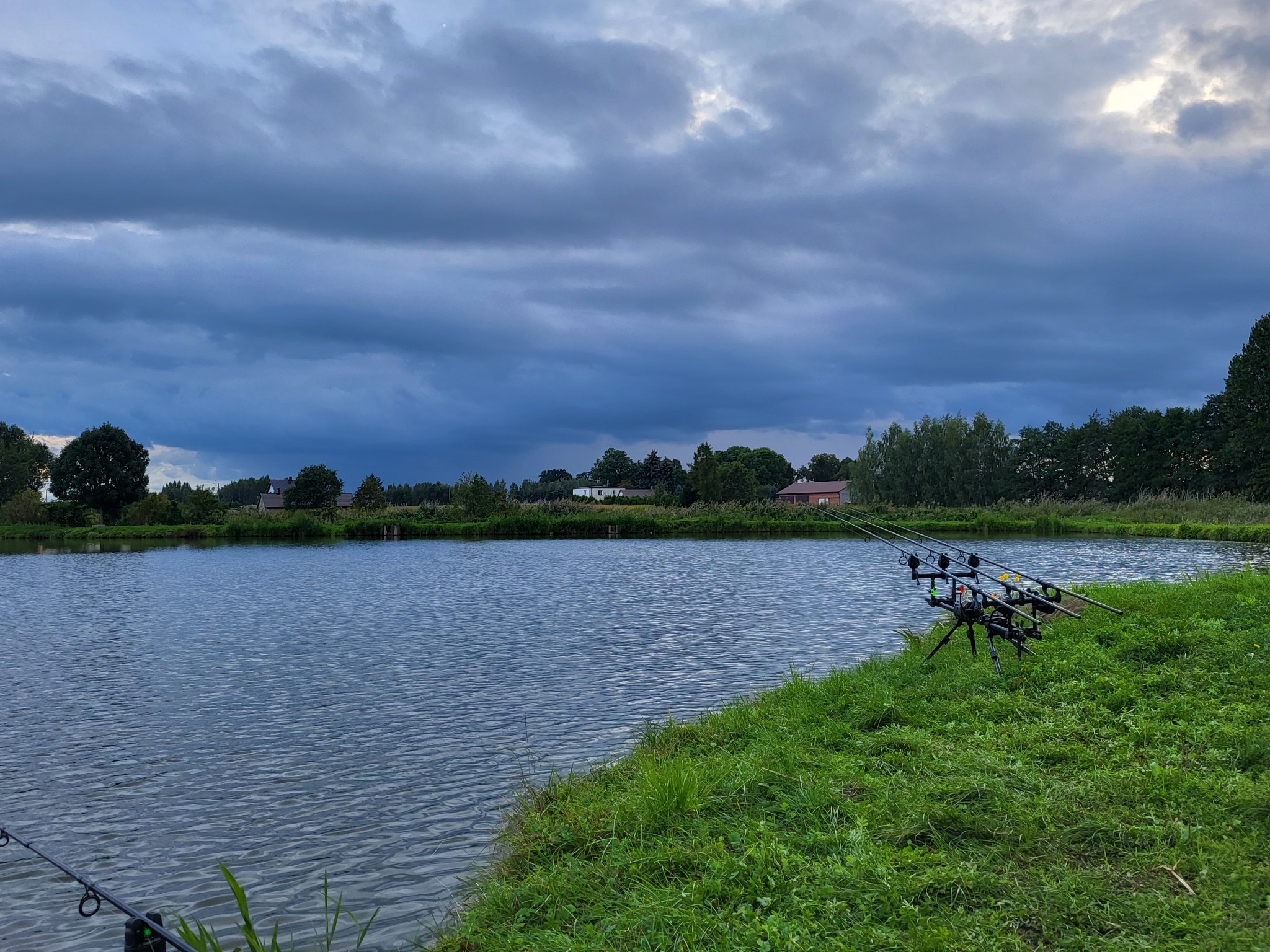 Trzy wędki karpiowe ustawione na stojaku nad brzegiem spokojnego stawu, w tle zabudowania i pochmurne niebo.