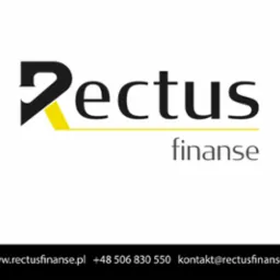 Logo firmy Rectus Finanse z czarno-ż&oacute;łtym symbolem graficznym i adresem strony internetowej oraz danymi kontaktowymi na białym tle.