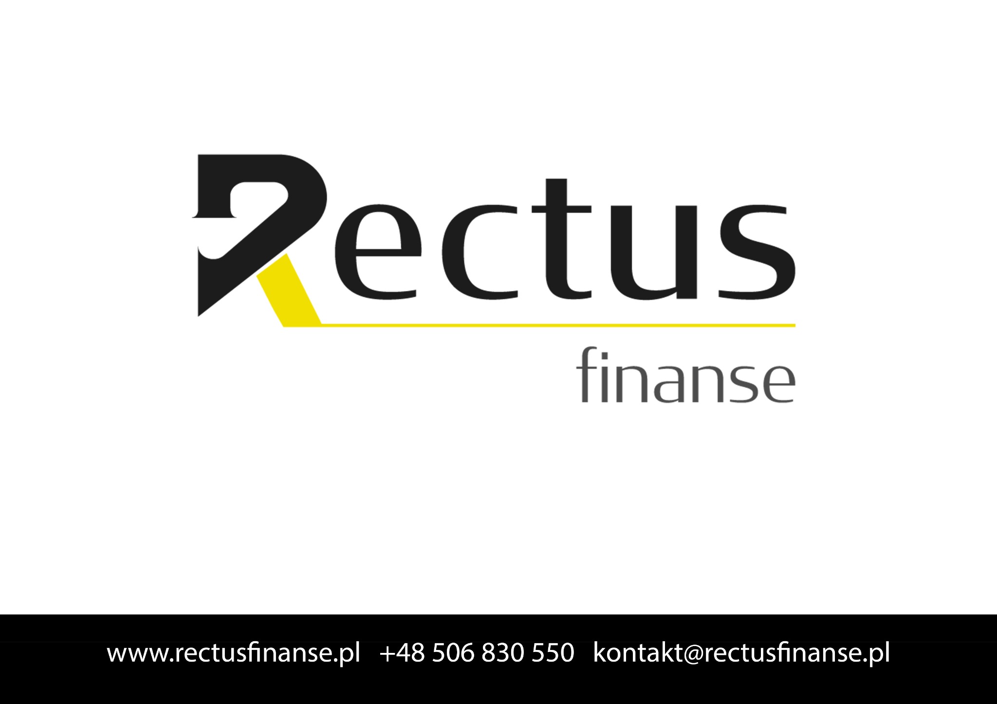 Logo firmy Rectus Finanse z czarno-żółtym symbolem graficznym i adresem strony internetowej oraz danymi kontaktowymi na białym tle.