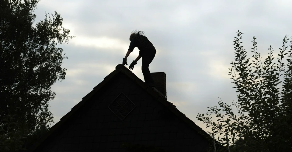 Sylwetka osoby w rękawicach na dachu domu, prawdopodobnie podczas czyszczenia komina, widoczny komin i fragmenty drzew na tle pochmurnego nieba.