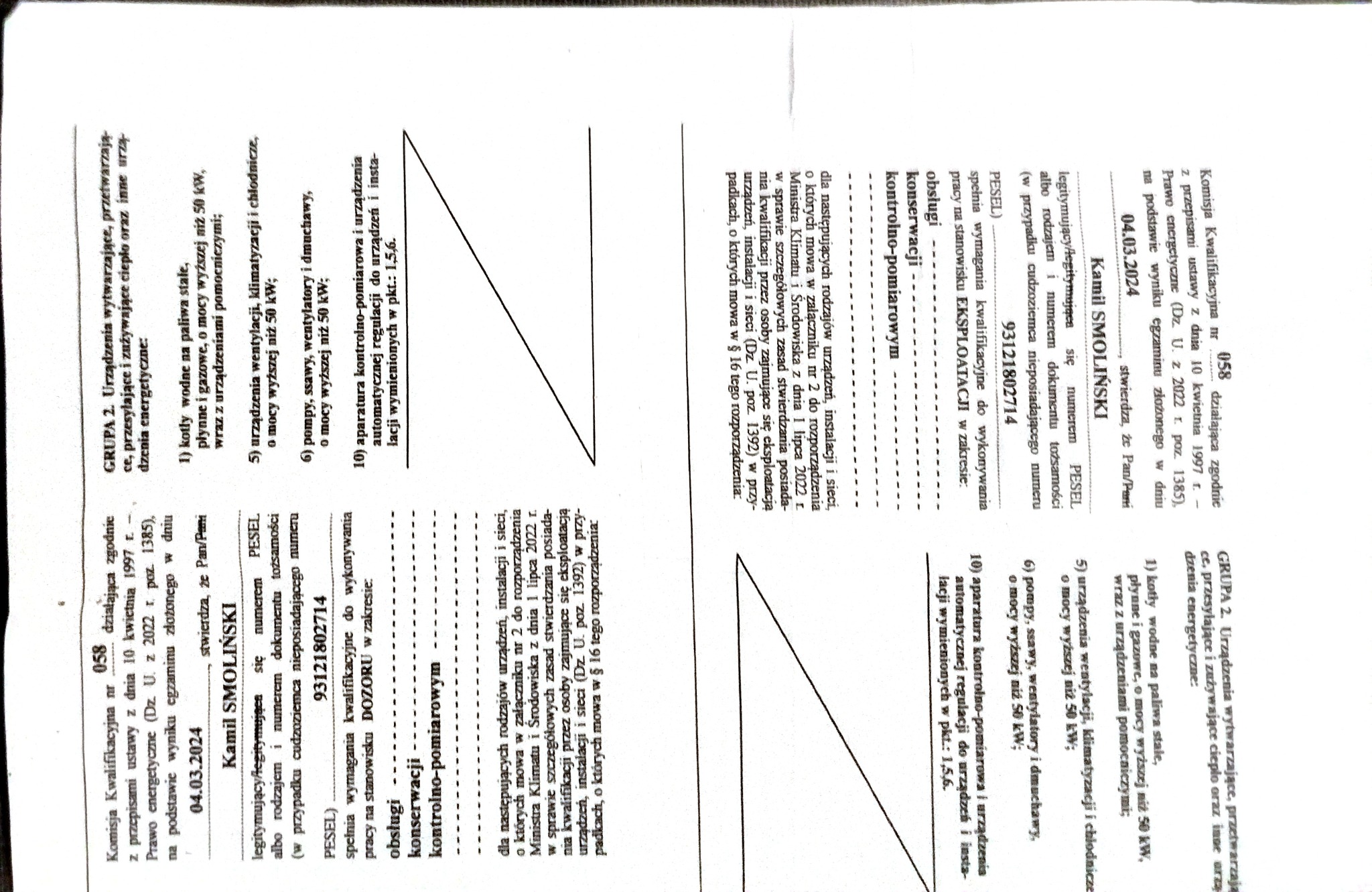 Skan dokumentu potwierdzającego kwalifikacje w zakresie obsługi, konserwacji i kontroli urządzeń energetycznych, z datą 04.03.2024 i numerem PESEL 93121802714.