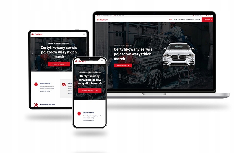 Responsywna strona internetowa CarServ wyświetlana na laptopie, tablecie i smartfonie, prezentująca certyfikowany serwis pojazdów wszystkich marek.
