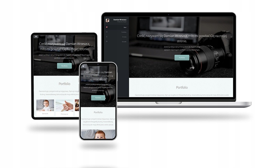 Responsywny układ strony internetowej fotografa Damiana Wrzeszcza, wyświetlany jednocześnie na laptopie, tablecie i smartfonie, z widocznymi elementami portfolio i przyciskiem 'Portfolio'.