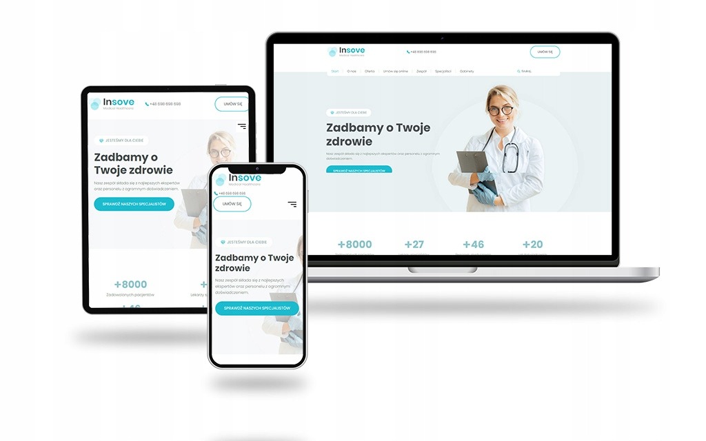 Responsywna strona internetowa firmy medycznej Insove wyświetlana na laptopie, tablecie i smartfonie, z widoczną grafiką lekarza i hasłem 'Zadbamy o Twoje zdrowie'.