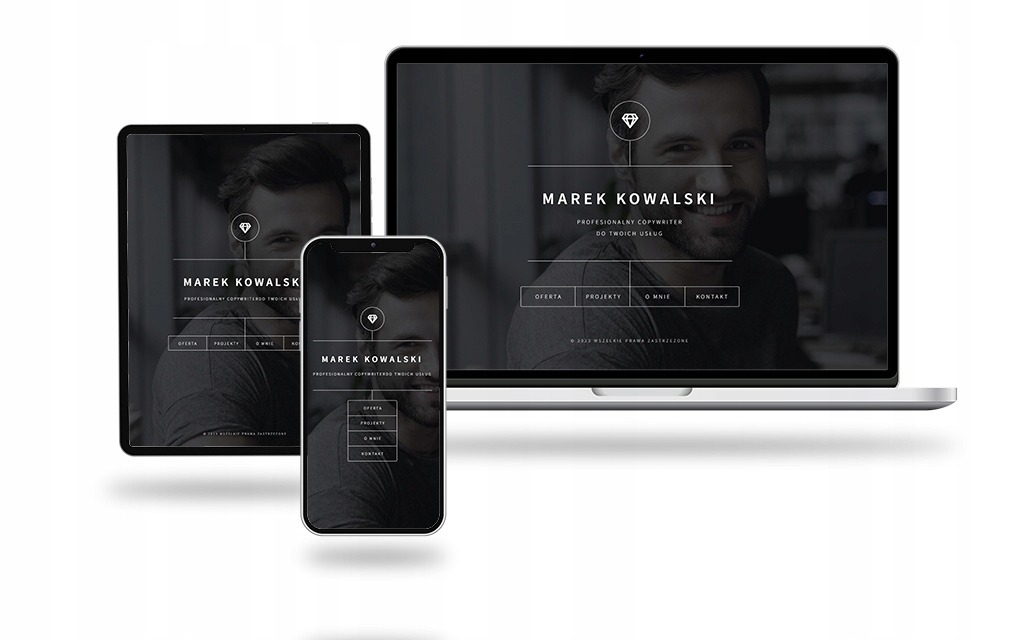 Responsywna strona internetowa na laptopie, tablecie i smartfonie prezentująca profil copywritera Marka Kowalskiego z sekcjami Oferta, Projekty, O mnie i Kontakt, utrzymana w stonowanej...