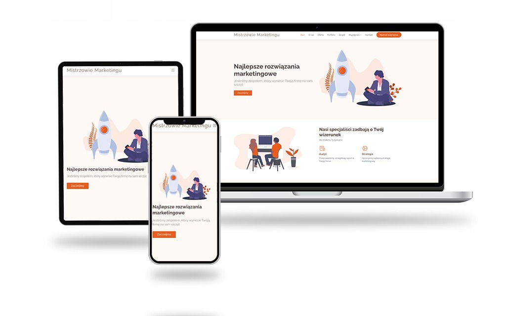 Responsywny projekt strony internetowej 'Mistrzowie Marketingu' wyświetlany na laptopie, tablecie i smartfonie, prezentujący spójny interfejs użytkownika i doświadczenie na różnych urządzeniach.