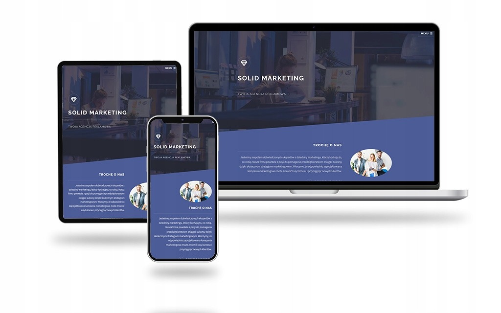 Responsywny układ strony internetowej 'Solid Marketing' wyświetlany na laptopie, tablecie i smartfonie, prezentujący spójny design i treści na różnych urządzeniach.