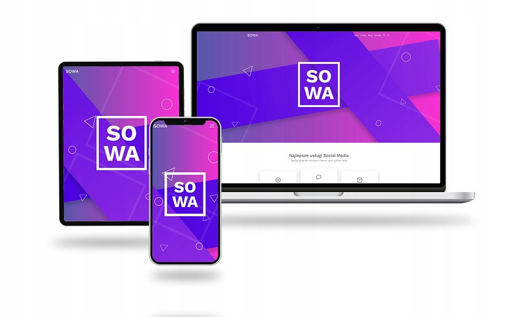 Responsywna strona internetowa SOWA wyświetlana na laptopie, tablecie i smartfonie z gradientem fioletowo-różowym i geometrycznymi kształtami w tle.