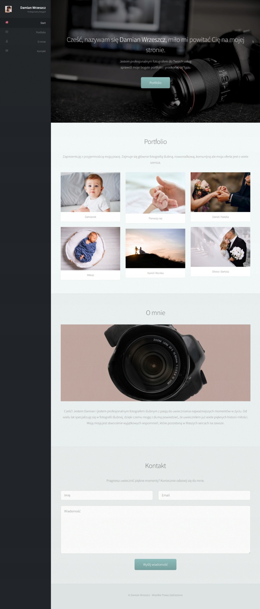 Zdjęcie fragmentu strony internetowej fotografa z portfolio prezentującym zdjęcia dzieci, par młodych i zbliżenie obiektywu aparatu.