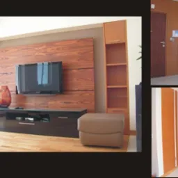 Nowoczesny salon z brązowymi meblami na wymiar, w tym szafki, półki i szafka RTV pod telewizorem na tle ściany z okładziną imitującą drewno. Dodatkowo widoczne fragmenty aranżacji przedpokoju...