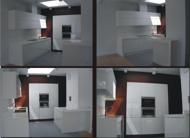 Nowoczesna, biała kuchnia z połyskiem, oświetlona światłem dziennym z okna dachowego, z ciemnobrązową ścianą w tle i zabudowanym sprzętem AGD, prezentowana w czterech różnych ujęciach.