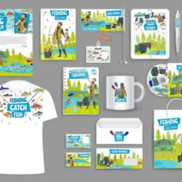 Zestaw materiałów reklamowych z motywem wędkarskim: koszulka, ulotka, notes, kubek, torba, wizytówki, długopis, identyfikator, przypinka, płyta CD, flaga, tablet i koperta.