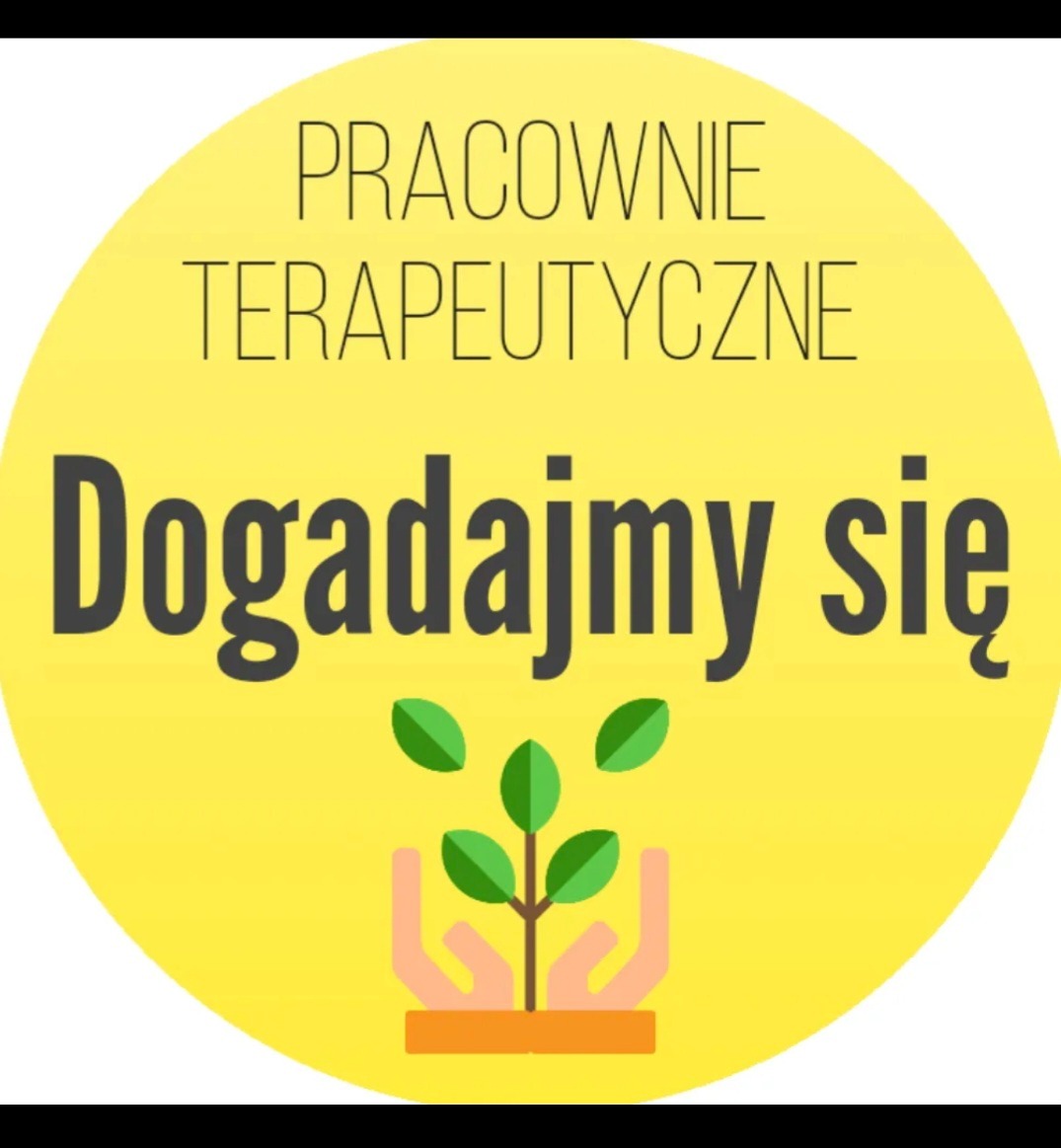 Żółte logo Pracownie Terapeutyczne z napisem 'Dogadajmy się' i stylizowanym rysunkiem rośliny w dłoniach.