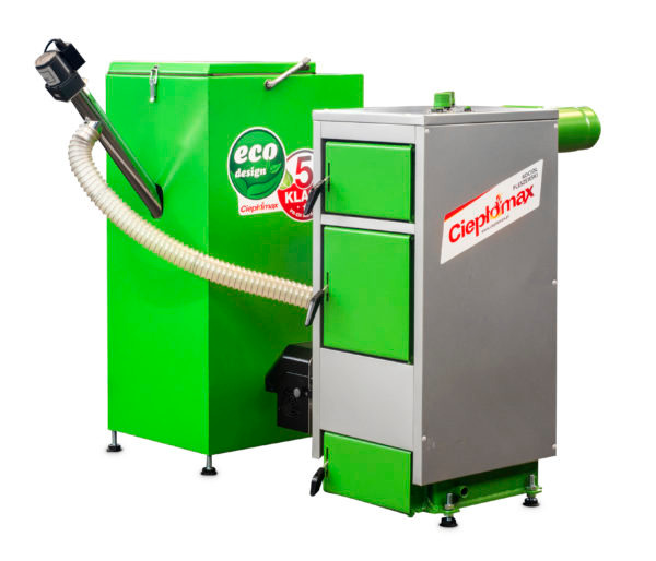 Dwa piece na paliwo stałe: zielony z podajnikiem i naklejką Eco Design oraz szary z logo Ciepłomax, ustawione obok siebie na białym tle.