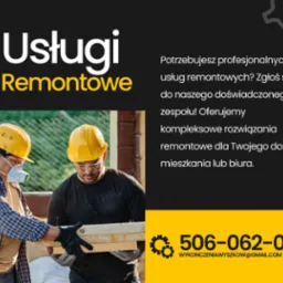 Grafika reklamowa: Dwóch pracowników w kaskach i rękawicach roboczych trzyma drewniane deski. Tekst: Usługi remontowe, Potrzebujesz profesjonalnych usług remontowych? Zgłoś się do naszego...