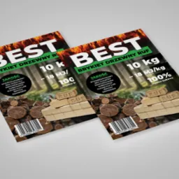 Dwa identyczne projekty graficzne ulotek reklamujących brykiet drzewny RUF, z widocznym stosem brykietów i informacjami o jakości i kaloryczności, na jasnoszarym tle.