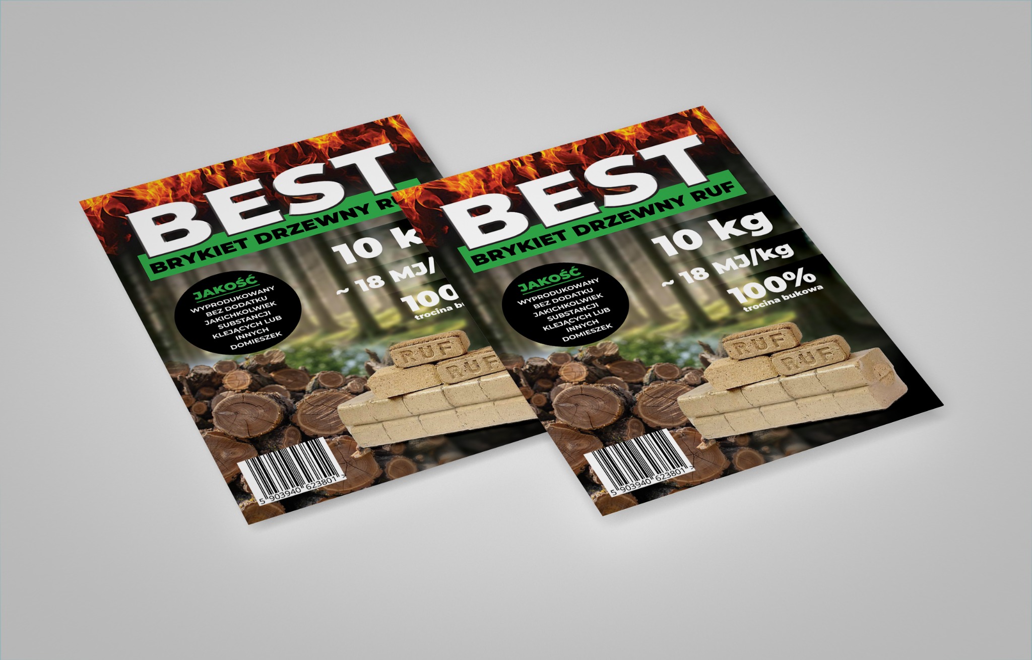 Dwa identyczne projekty graficzne ulotek reklamujących brykiet drzewny RUF, z widocznym stosem brykietów i informacjami o jakości i kaloryczności, na jasnoszarym tle.