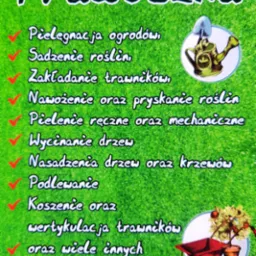 Plakat reklamowy usług ogrodniczych Trawuszka z listą usług takich jak pielęgnacja ogrodów, sadzenie roślin, zakładanie trawników, koszenie i wertykulacja trawników oraz numerem telefonu.