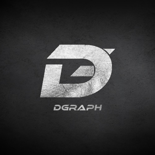 Srebrne logo 'DGRAPH' z efektem tekstury na ciemnoszarym, chropowatym tle.