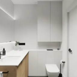 Minimalistyczna łazienka w bieli i drewnie: wisząca toaleta, umywalka z szafką z drewnianymi lamelami, czarna armatura i akcesoria, oświetlenie LED pod lustrem.