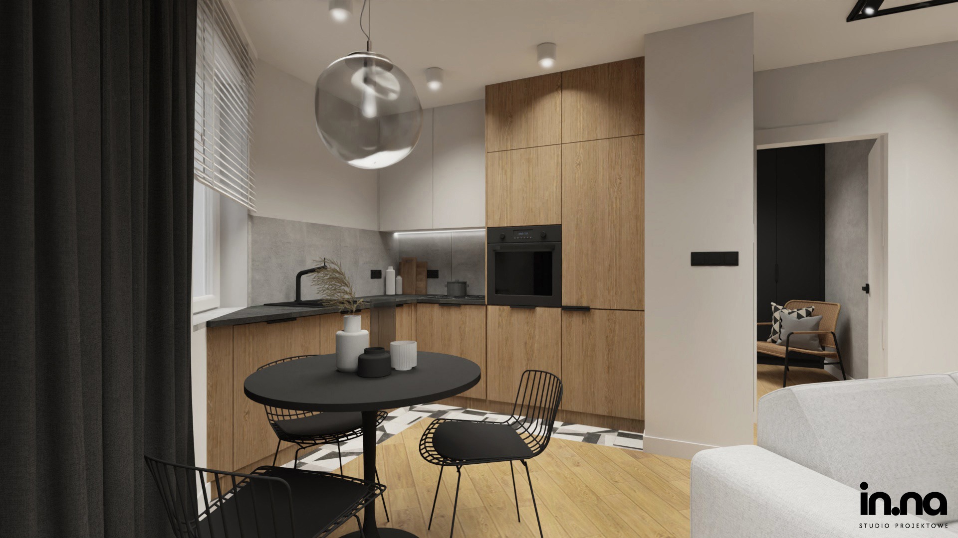 Wizualizacja kuchni z jadalnią: drewniane szafki, czarny blat, okrągły stół z krzesłami z metalową konstrukcją, podłoga z jasnego drewna, dekoracje i oświetlenie punktowe.