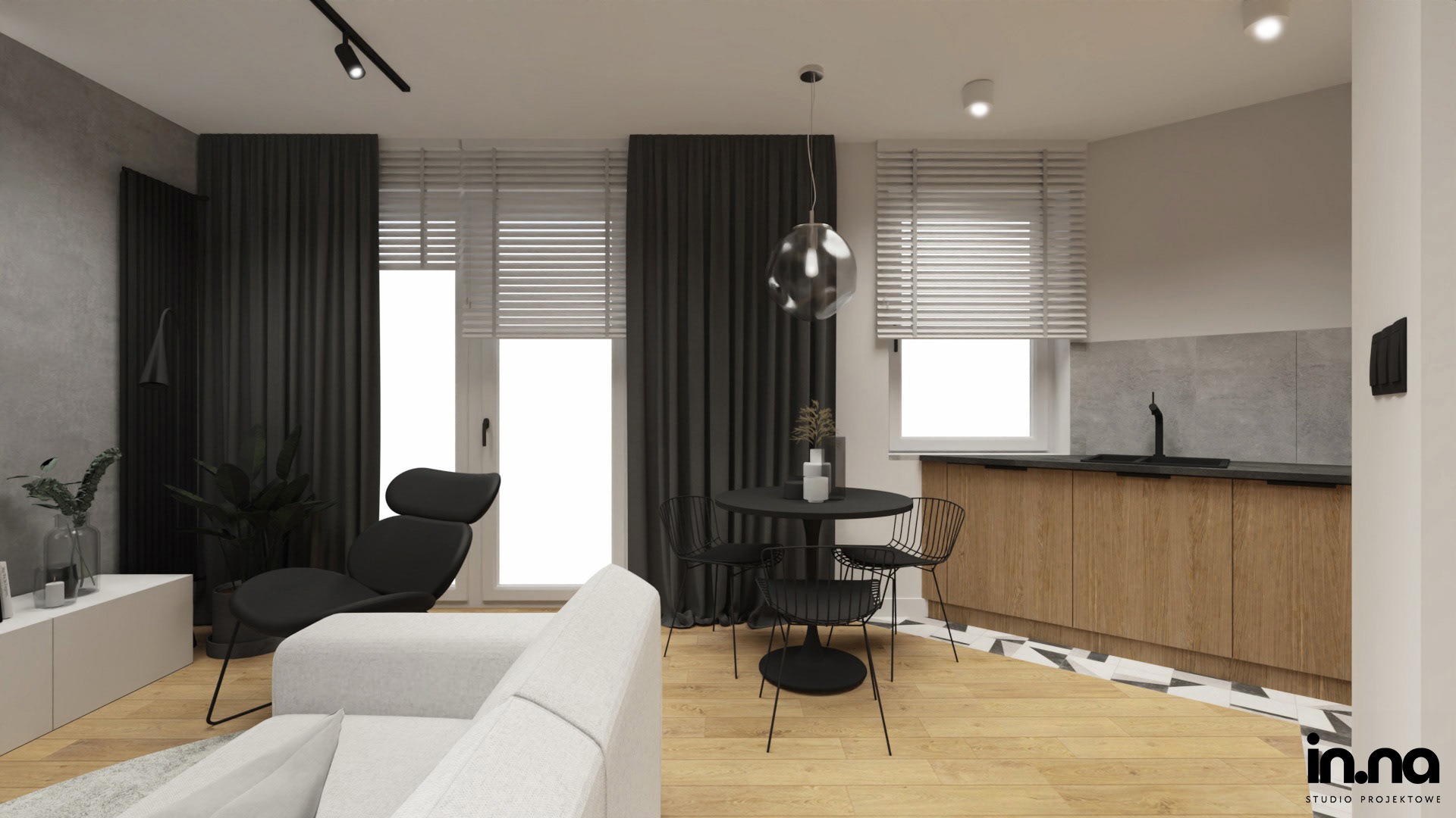 Wizualizacja wnętrza mieszkania w stylu nowoczesnym: salon z aneksem kuchennym, drewniana podłoga, szare zasłony, czarne krzesła i okrągły stół, minimalistyczna kuchnia z drewnianymi frontami.