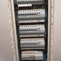 Rozdzielnica elektryczna z zainstalowanymi bezpiecznikami i okablowaniem, widok z bliska na elementy instalacji.