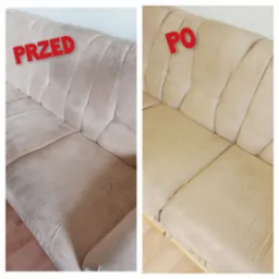 Beżowa kanapa z tapicerką welurową, widok przed i po czyszczeniu, z wyraźnym kontrastem zabrudzeń i czystości, z czerwonymi napisami 'PRZED' i 'PO'.