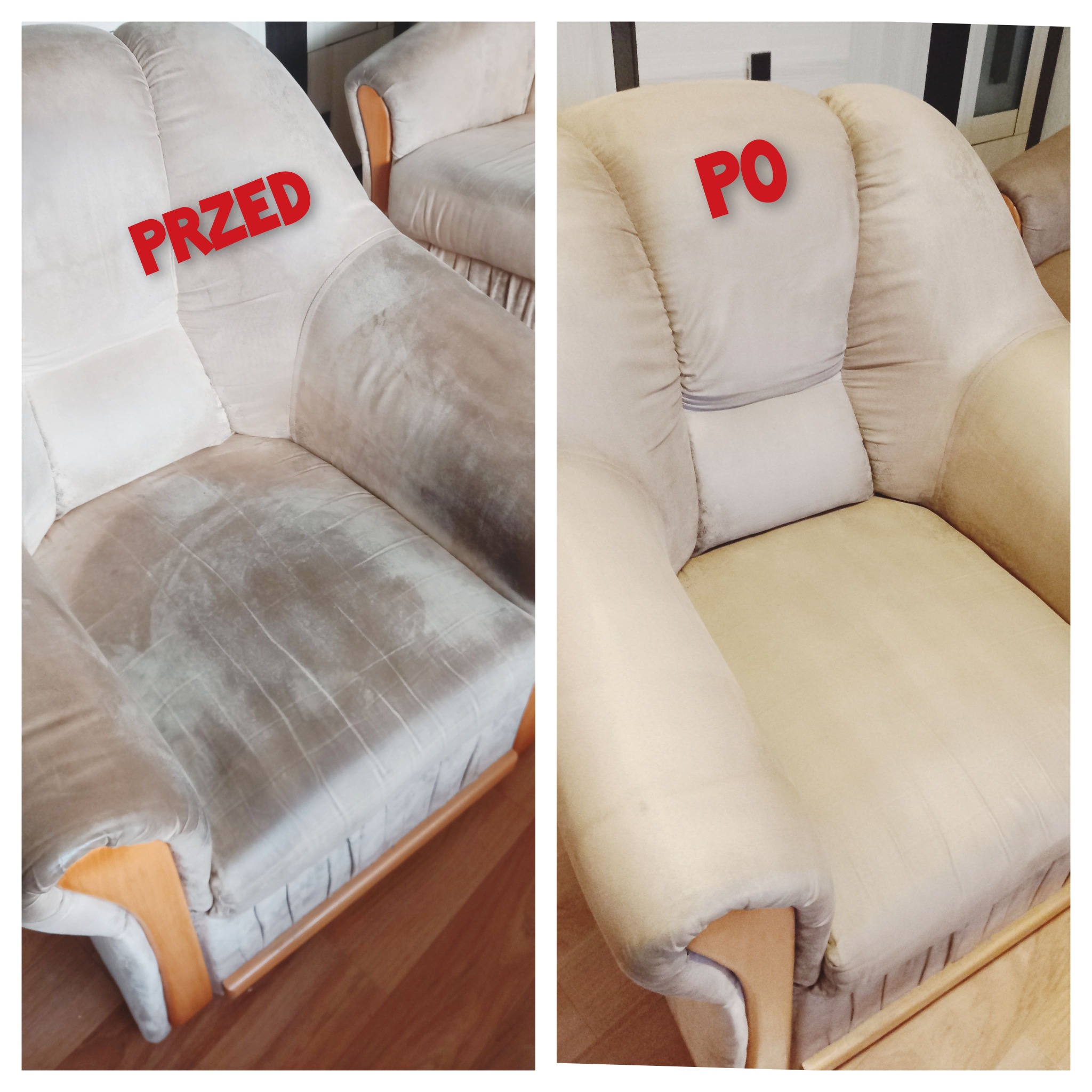 Dwa ujęcia tego samego fotela obok siebie, po lewej stronie fotel z wyraźnymi plamami i zabrudzeniami z czerwonym napisem 'PRZED', po prawej stronie ten sam fotel po czyszczeniu z czerwonym napisem...