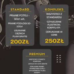 Cennik usług prania tapicerki samochodowej, z ofertą pakietów Standard, Kompleks i Premium oraz informacją o wycenie na miejscu.