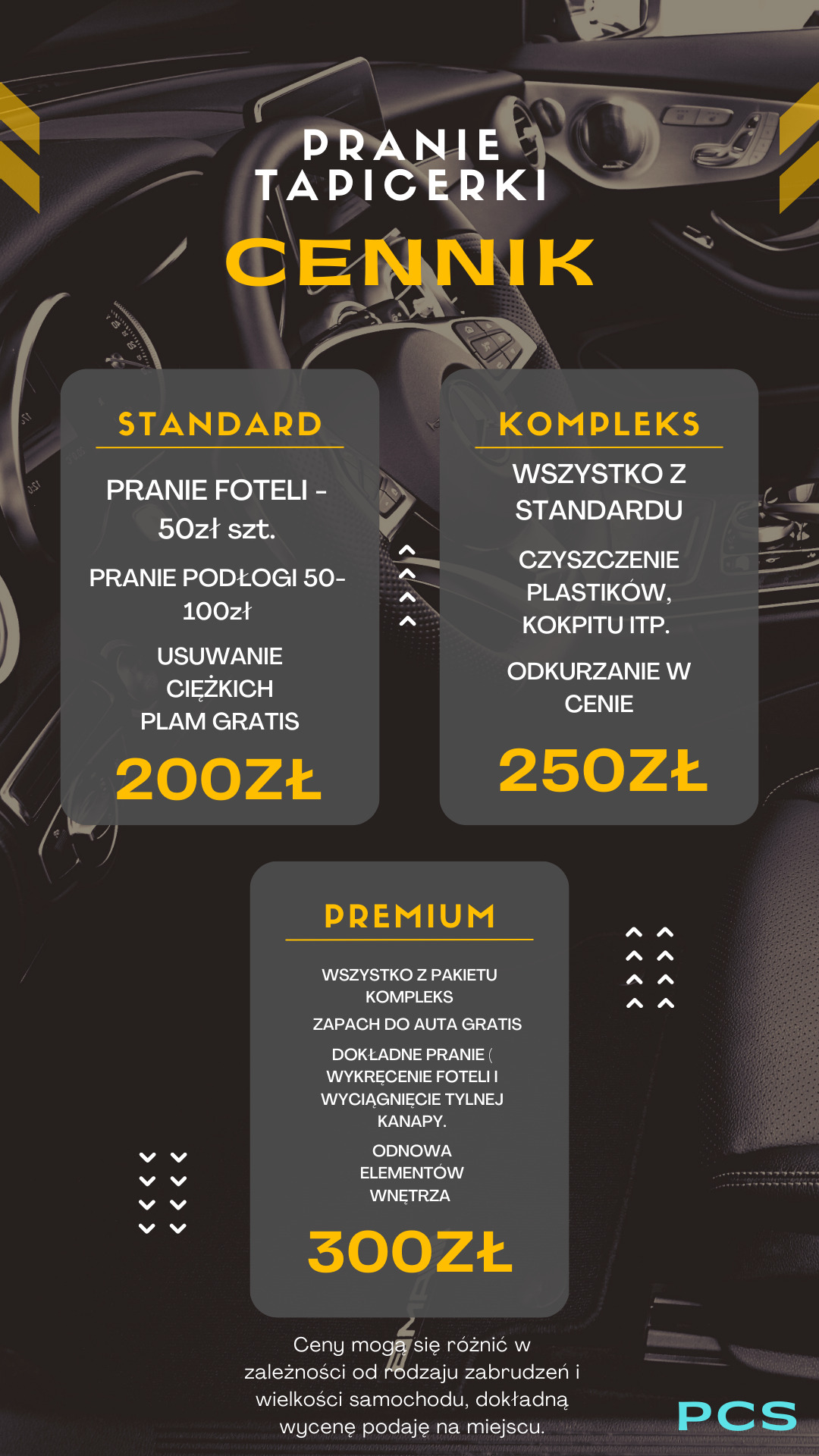 Cennik usług prania tapicerki samochodowej, z ofertą pakietów Standard, Kompleks i Premium oraz informacją o wycenie na miejscu.