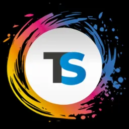 Abstrakcyjne logo z inicjałami TS w kolorach szaro-niebieskim, otoczone gradientowym okręgiem z efektem rozprysku farby na czarnym tle.