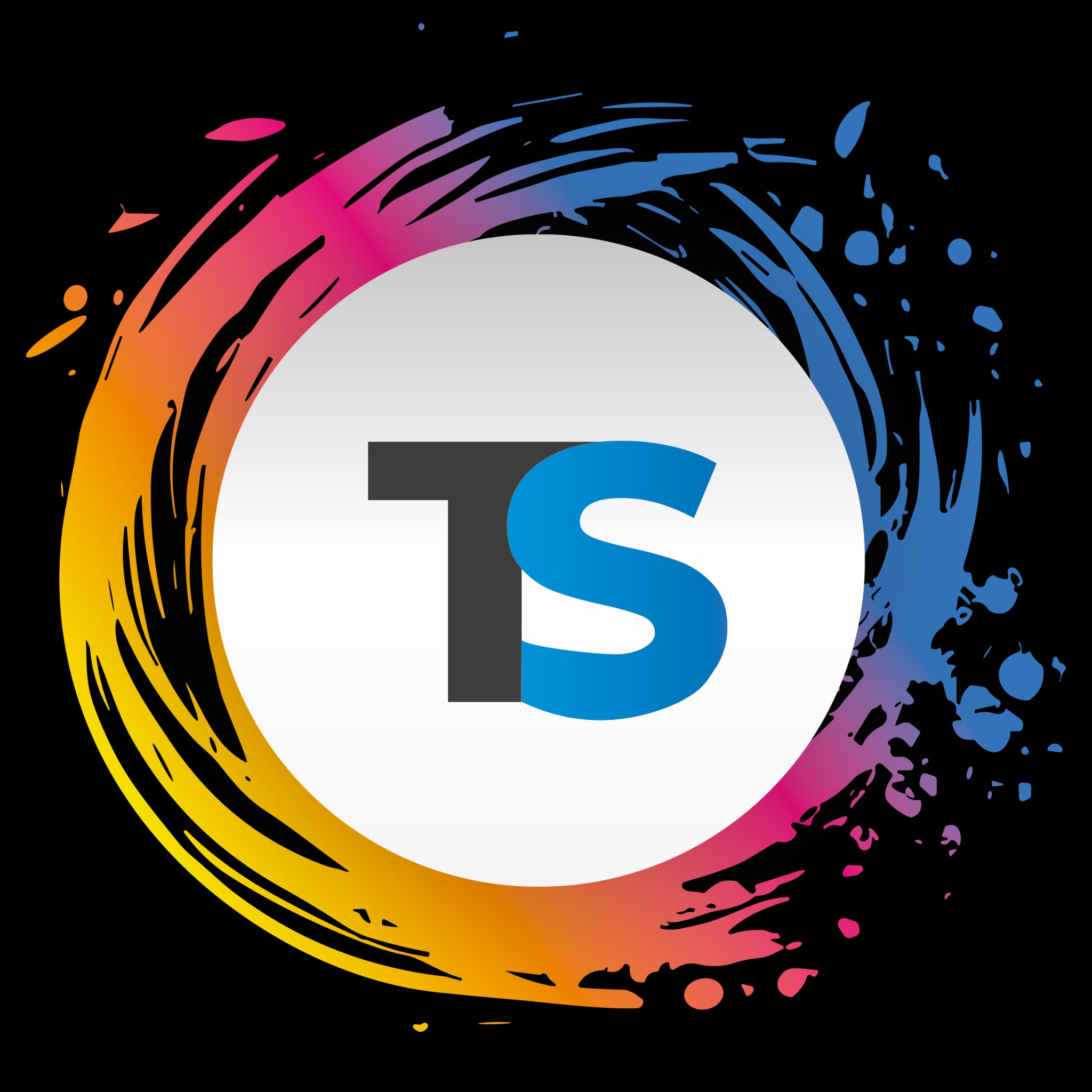 Abstrakcyjne logo z inicjałami TS w kolorach szaro-niebieskim, otoczone gradientowym okręgiem z efektem rozprysku farby na czarnym tle.