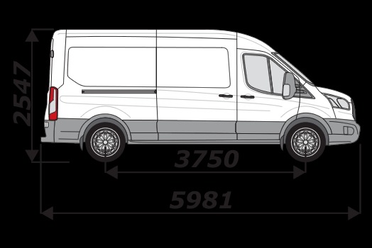 Schemat techniczny białego furgonu z podanymi wymiarami (wysokość 2547 mm, rozstaw osi 3750 mm, długość całkowita 5981 mm).