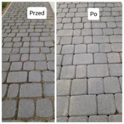 Porównanie stanu kostki brukowej przed i po czyszczeniu, widoczne usunięcie mchu i zabrudzeń spomiędzy kostek.