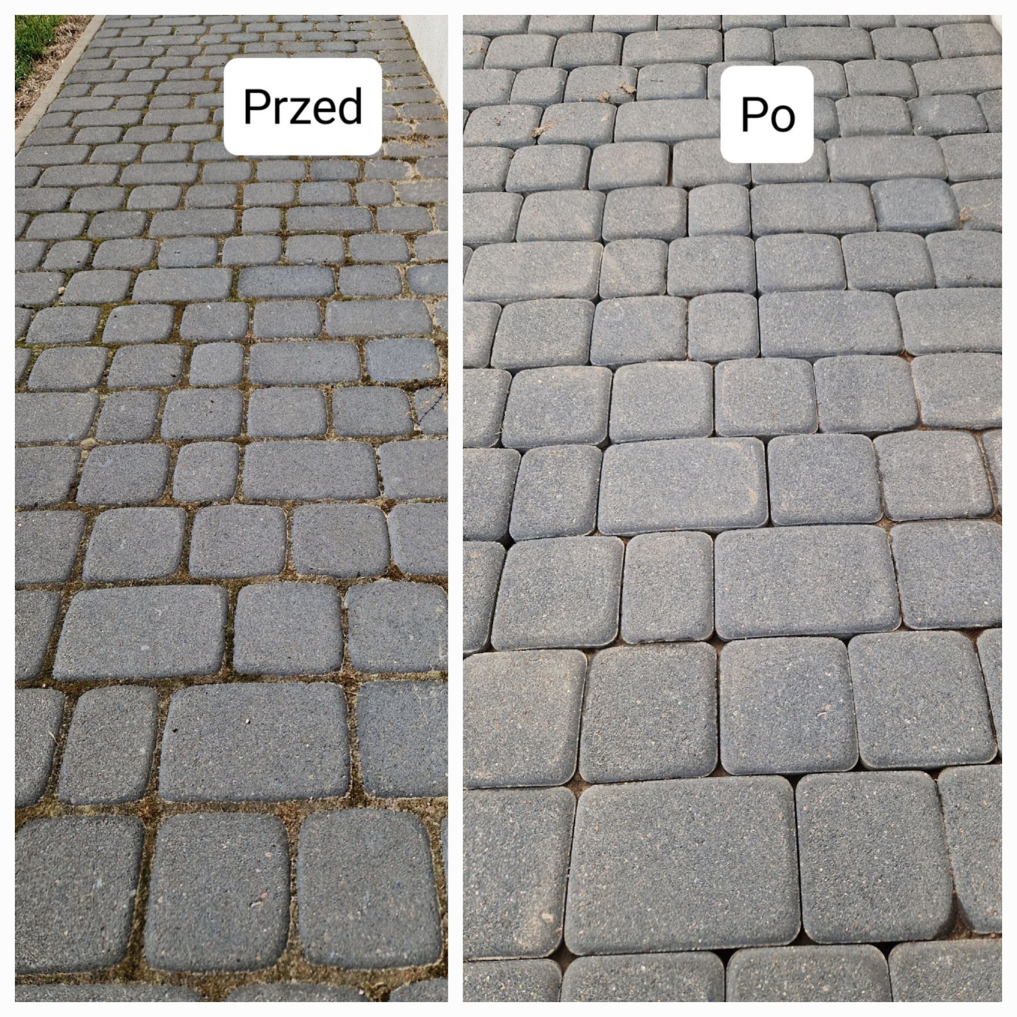 Porównanie stanu kostki brukowej przed i po czyszczeniu, widoczne usunięcie mchu i zabrudzeń spomiędzy kostek.