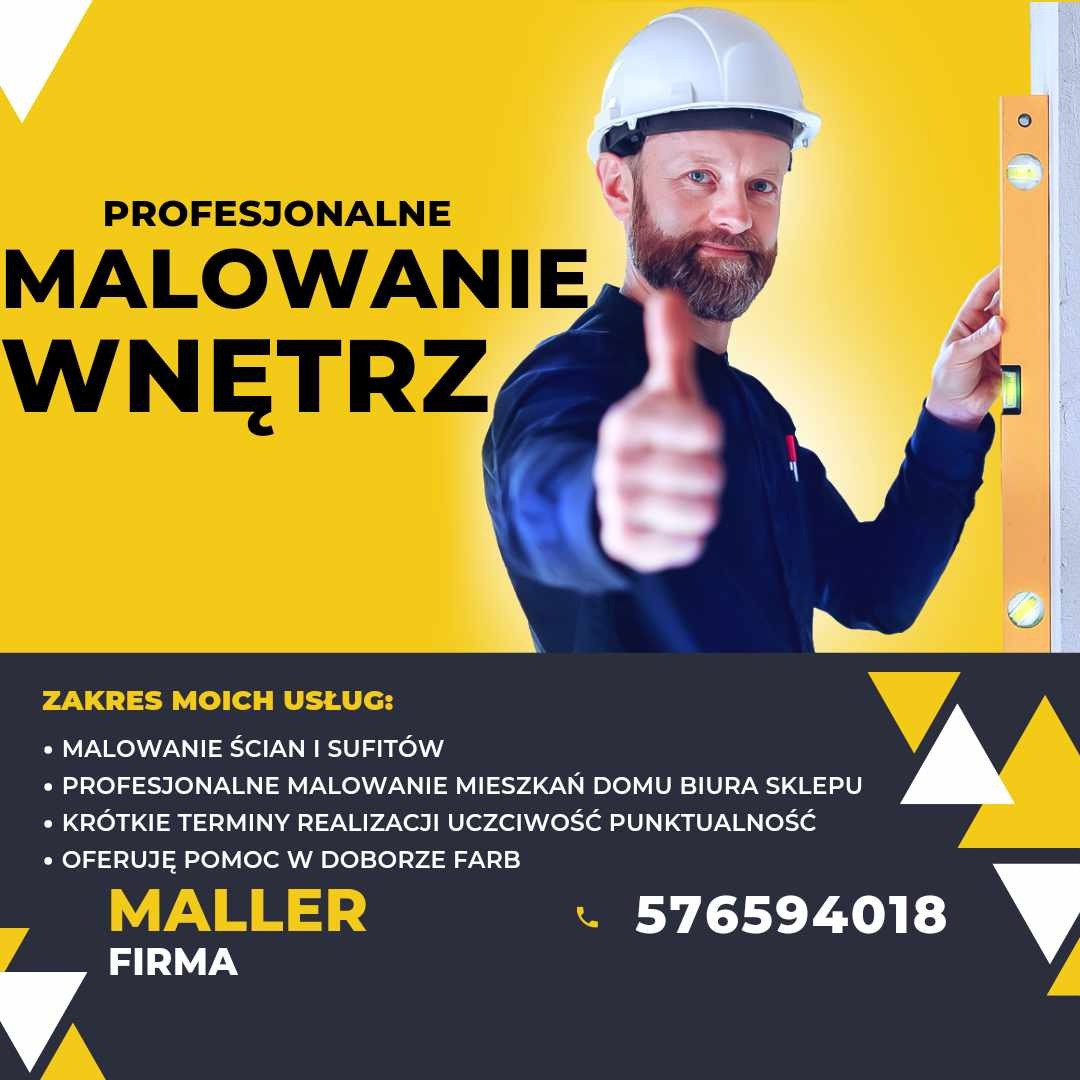 Mężczyzna w kasku budowlanym, z brodą, trzymający poziomicę, kciuk w górę, na żółto-czarnym tle z napisem 'Profesjonalne malowanie wnętrz' i zakresem usług.