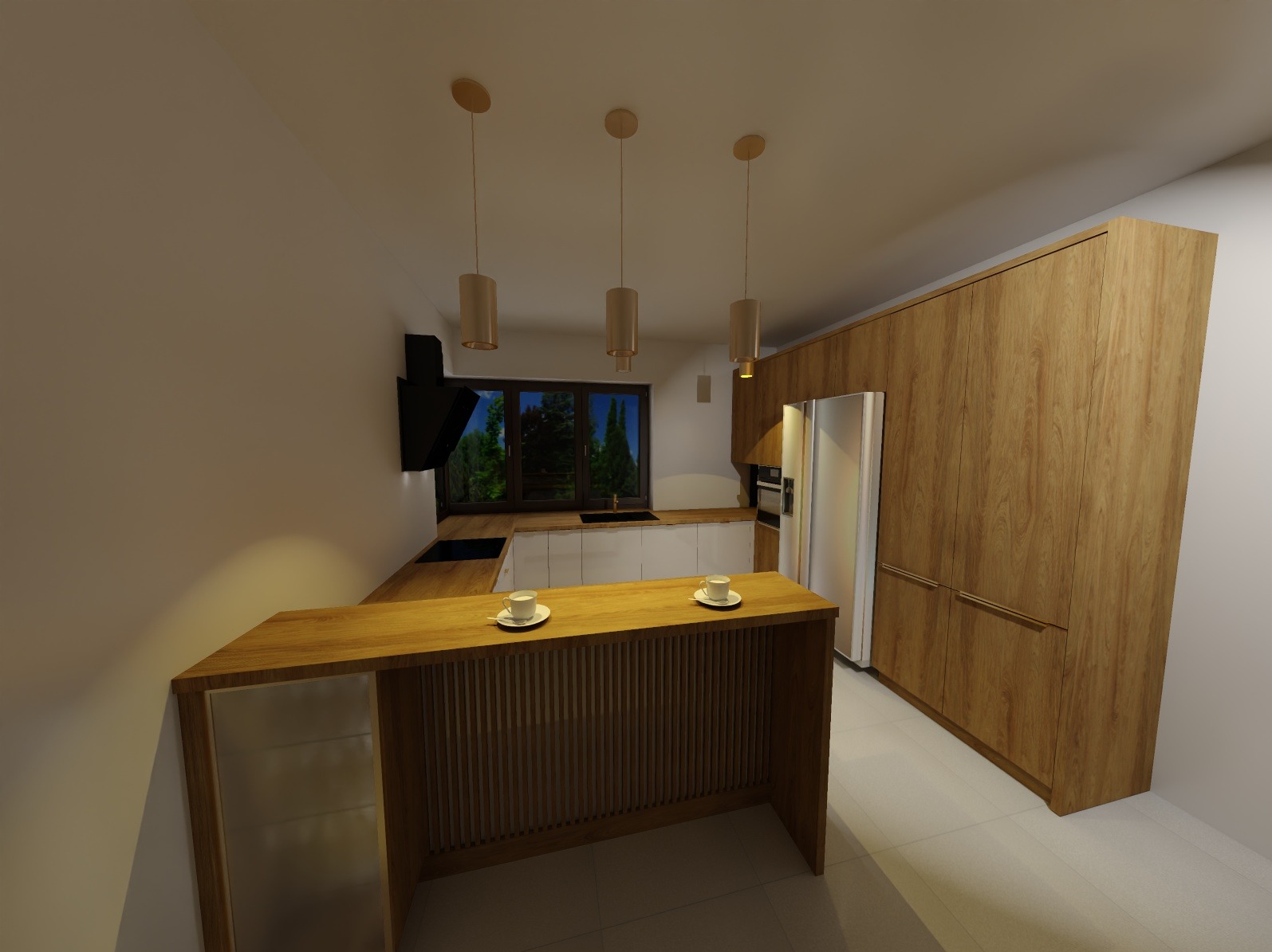 Wizualizacja nowoczesnej kuchni z drewnianymi frontami, wyspą z blatem w kolorze drewna i dwiema filiżankami, oświetleniem punktowym i widokiem na zieleń za oknem.