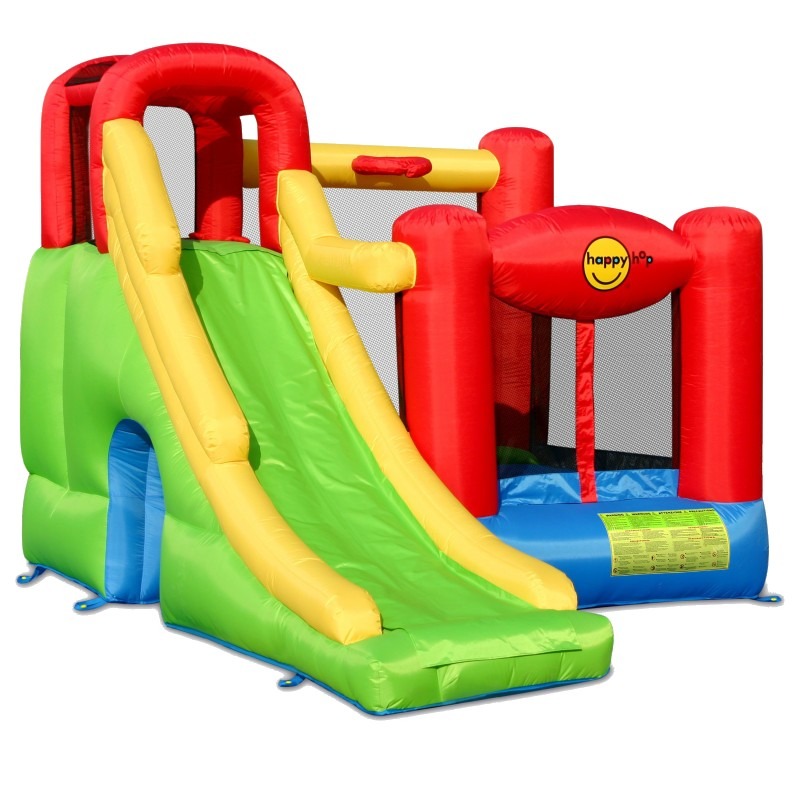 Kolorowy dmuchany zamek ze zjeżdżalnią, z logiem Happy Hop, widok z boku, na białym tle.