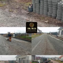 DK BUD DAMIAN KASIARZ - Żarowo: Żółta ładowarka nasypuje kruszywo obok stosu szarych, ażurowych bloczków betonowych. W tle widoczny teren przygotowany pod budowę, ogrodzenie panelowe i domy jednorodzinne. Na kolażu...