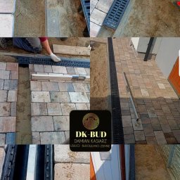 DK BUD DAMIAN KASIARZ - Ułożona kostka brukowa z zamontowanym odwodnieniem liniowym, widoczne etapy prac, narzędzia i elementy kanalizacji deszczowej w Stargardzie.