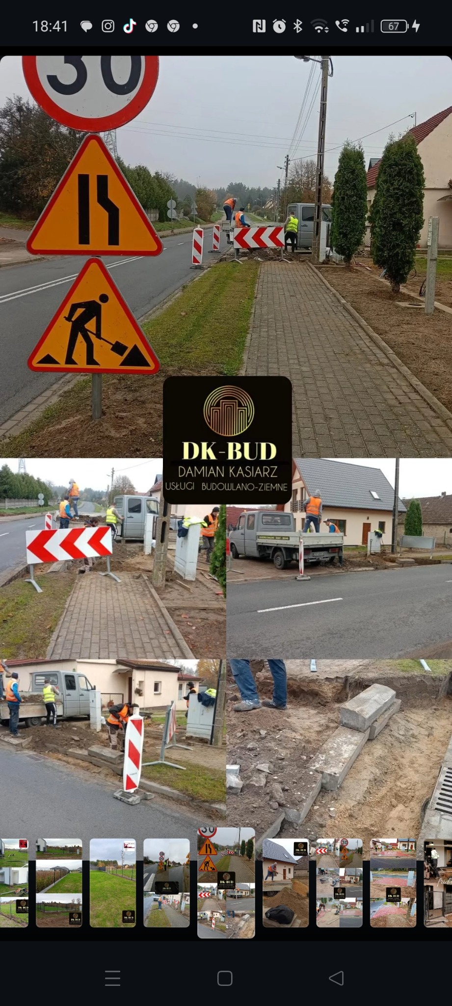 Prace drogowe przy układaniu kostki brukowej chodnika, widoczne znaki ostrzegawcze, robotnicy w kamizelkach odblaskowych i samochód dostawczy, w tle budynki mieszkalne, kolaż zdjęć z logo firmy...