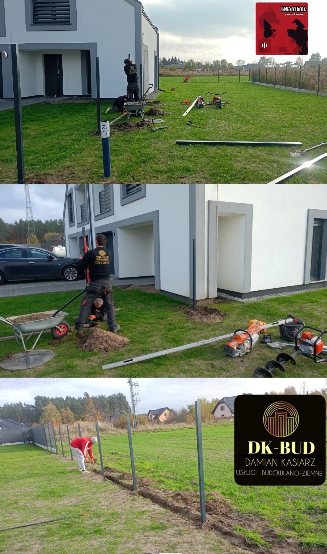 Prace ziemne na posesji: montaż słupków ogrodzeniowych, widoczne narzędzia, taczka, wiertnica i pracownicy w trakcie instalacji ogrodzenia na trawniku przed domem.